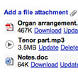 Document attachments can be downloaded. Audio MP3 attachments can be streamed.